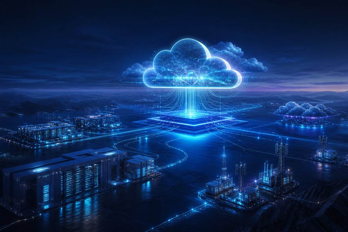 Arquitectura híbrida que conecta centros de datos, nube pública, edge y plataformas de datos