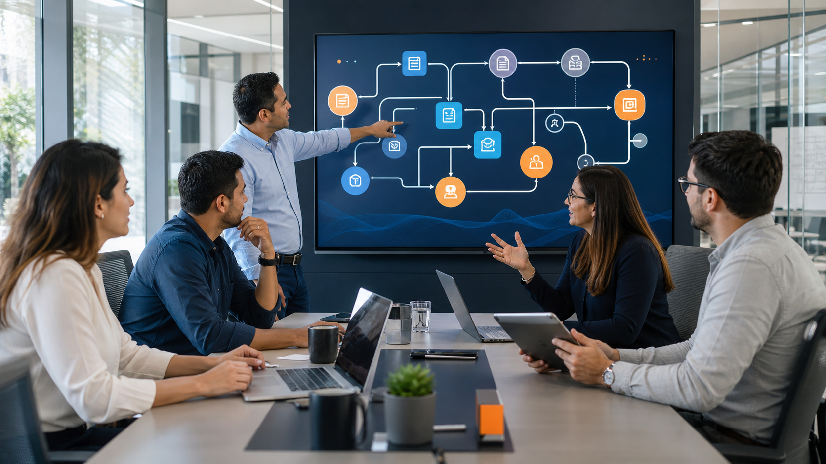 Equipo de profesionales colaborando en el diseño de un nuevo proceso ERP frente a un flujo integrado